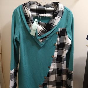 NEW Women's Long Sleeve Cowl Neck Plaid Asymmetrical Hem Tunic Top Size 10 | XL